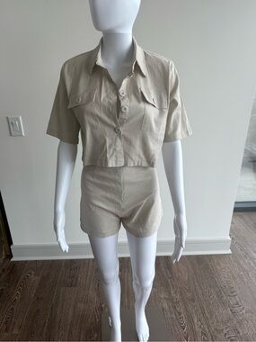 Beige Cropped Button-Up Shirt & High-Waist Shorts Set